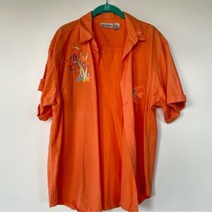 LAS OLAS Button Up Fish Stitched Short Sleeve Top Orange Size Medium